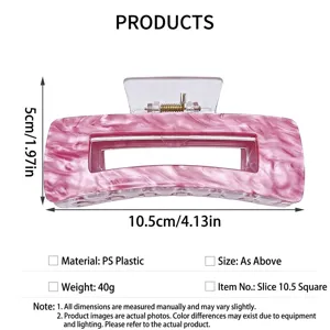Large pink marble pattern acrylic hair claw clip with detailed size specifications