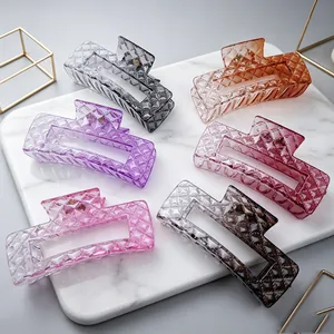Set of gradient colorful large square hair claw clips with quilted texture pattern