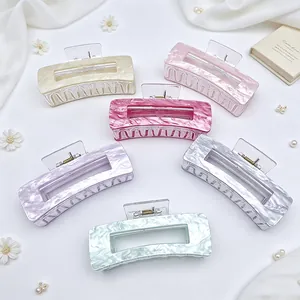 Large Acrylic Marble Pattern Hair Claw Clip Elegant Flowing Pattern Rectangle Cutout Shark Clip For Women Daily Styling Headwear