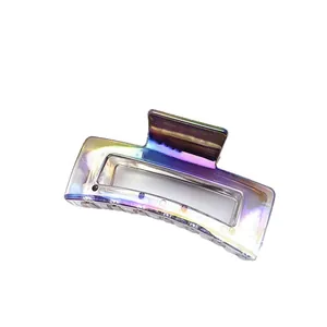 Close-up of iridescent square hair claw clip featuring a metallic UV electroplated finish