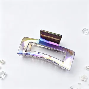 Detailed view of a square hair claw clip featuring an iridescent UV plated gradient finish.
