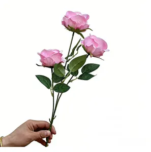 Tallo de rosa de perla rosa artificial de tres cabezas para decoración de casa