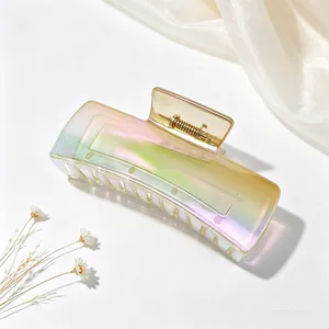 Large iridescent gradient hair claw clip featuring a rectangular design and a gold spring mechanism