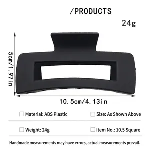 Detailed size and material specifications for the matte black square hair claw clip.