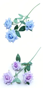 Detailed view of artificial multi-head roses in light blue and lavender silk petals