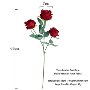 Rosa de perla artificial realista de tres cabezas roja para decoración de boda y hogar 66cm