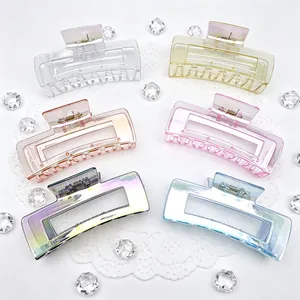 Detailed view of large square iridescent UV electroplated hair claw clips in various colors