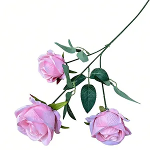 Rosas rosadas artificiales de 3 cabezas para arreglos de bodas y decoración de hogar
