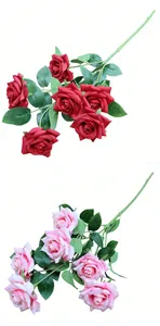 Realistic artificial multi-headed roses in red and pink colors for home wedding decor.