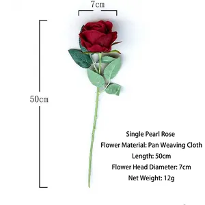 Single artificial dark red rose flower with a long green stem for home and wedding decor