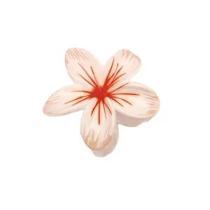 Detailed macro shot of a cream-colored Plumeria flower hair claw clip on white.
