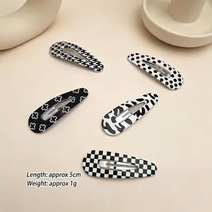 UV Printed Waterdrop Snap Hair Clips Black White Checkerboard Houndstooth Polka Dot Hairpins For Women Fashion Hair Accessories