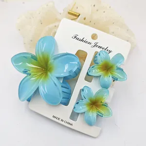 Detail view of a 3-piece plumeria flower hair clip set on its white display card