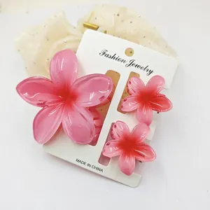 Close-up view of pink gradient frangipani hair clip 3-piece set on display card