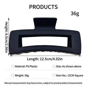 Technical details and dimensions of the extra large matte black square hair claw clip