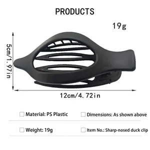 Large matte black duckbill hair clip with geometric hollow design and dimensions.