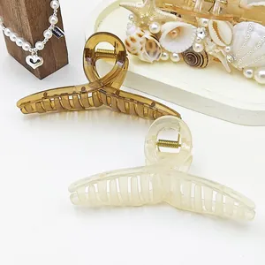 Macro view of translucent jelly texture large hair claw clips in amber and cream white