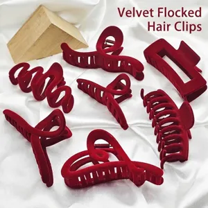 Women Large Flocking Velvet Hair Claw Clips Red Wine Red Autumn Winter Shark Clip Anti-slip Hair Accessories For Christmas New Year Festive Wedding Party
