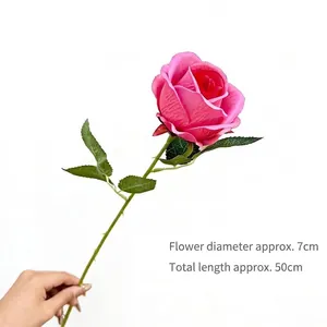 Single long stem artificial pink rose for wedding home decor, 50cm length