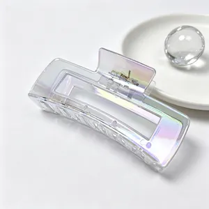 Detail of iridescent holographic rectangular hair claw clip with UV electroplated finish