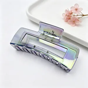 Iridescent large square hair claw clip with holographic UV plating finish detail