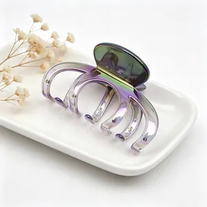 Detailed macro view of a large iridescent UV plated hair claw clip with gradient purple finish