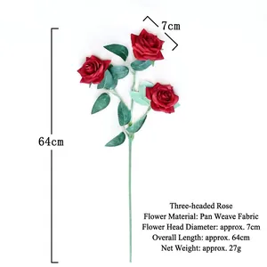 Realistic red artificial rose stem with three flower heads for home and wedding decor
