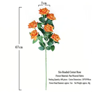 Life-like artificial orange roses with six flower heads for elegant home and wedding decor