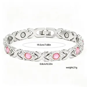 Detailed dimensions of silver cross magnetic therapy bracelet with pink crystals, 21g