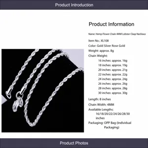 Nahaufnahme einer 4mm versilberten Kordelkette mit verschiedenen Längenoptionen