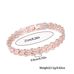 Detail of rose gold butterfly magnetic bracelet showing 21cm length and 0.9cm width.