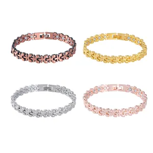 Detailed view of butterfly link magnetic therapy bracelets in four different metallic finishes