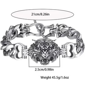 Detailed view of men's vintage tiger head bracelet with dimensions and weight info