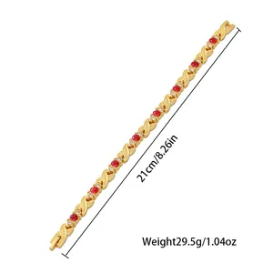 Gold-plated magnetic bracelet with sparkling red crystals, 21cm length, 29.5g weight