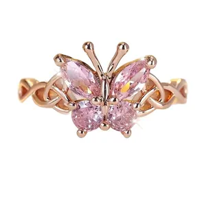 Elegant rose gold butterfly ring with sparkling pink crystals for women fashion jewelry