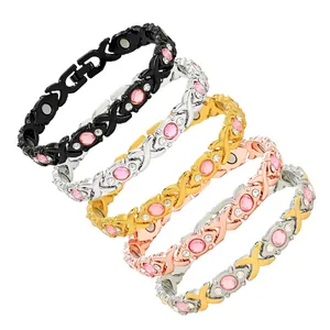 Elegant magnetic alloy bracelets with X design and pink rhinestones in five colors.