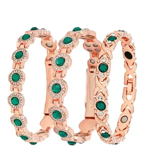 Elegant rose gold magnetic bracelets with green gemstones and sparkling crystals set