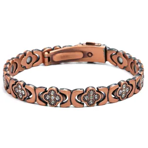 Bracciale magnetico vintage a quadrifoglio in rame con strass lucidi da donna