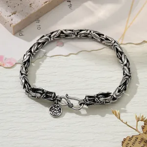 Vintage silver dragon head chain bracelet for men with punk totem charm detail