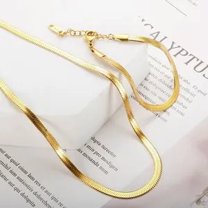 Close-up of a minimalist 18K gold titanium steel flat snake chain necklace detail
