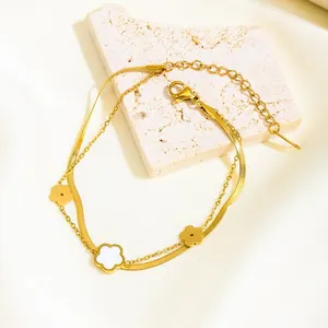 Stainless Steel Double Layered Bracelet Gold Plated Five Petal Flower Blade Snake Chain For Women Elegant Fashion Jewelry Gift