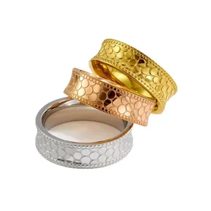 Detailed macro view showing the shimmering honeycomb scale texture on titanium steel rings