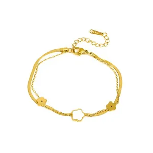 Double-layered gold stainless steel bracelet with elegant five-petal flower charms