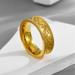 Macro shot of the intricate scale texture on a golden titanium steel band ring.