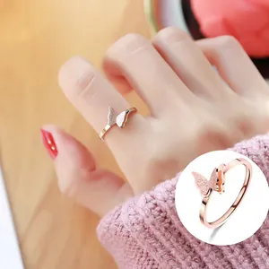 Fashion Titanium Double-Layer Frosted Butterfly Ring For Women Minimalist Personalized Rose Gold Gold Color Butterfly Animal Finger Ring Gift