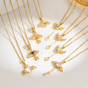 Gold plated angel wing necklaces with heart-shaped cat's eye stone and crystal pendants