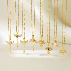 Elegant angel wing heart necklaces with cat eye stone in gold stainless steel