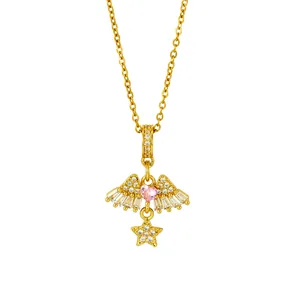 Elegant gold angel wings necklace with a pink heart stone and star pendant charm