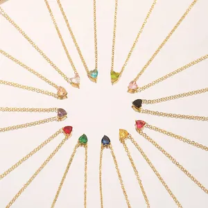 Twelve stainless steel gold necklaces with colorful heart-shaped birthstone pendants