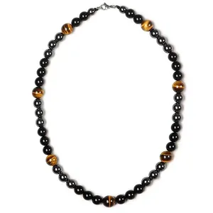 Poliertes Dreifach-Schutzhalsband mit Tigerauge, Hämatit und Obsidian Perlen.